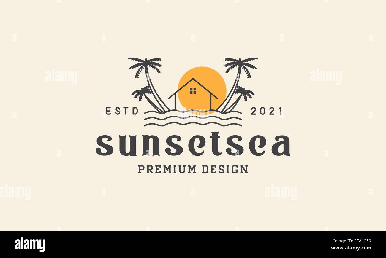 capanna sulla spiaggia con il simbolo dell'icona vettoriale del logo del tramonto sull'albero di cocco illustrazione grafica del design Illustrazione Vettoriale