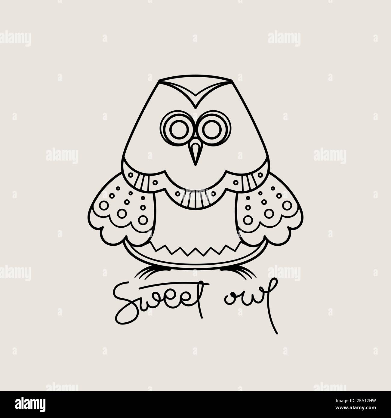 Logo con contorno di gufo dolce. Design con emblema isolato Doodel. Simbolo dell'educazione dei bambini. Illustrazione vettoriale Illustrazione Vettoriale