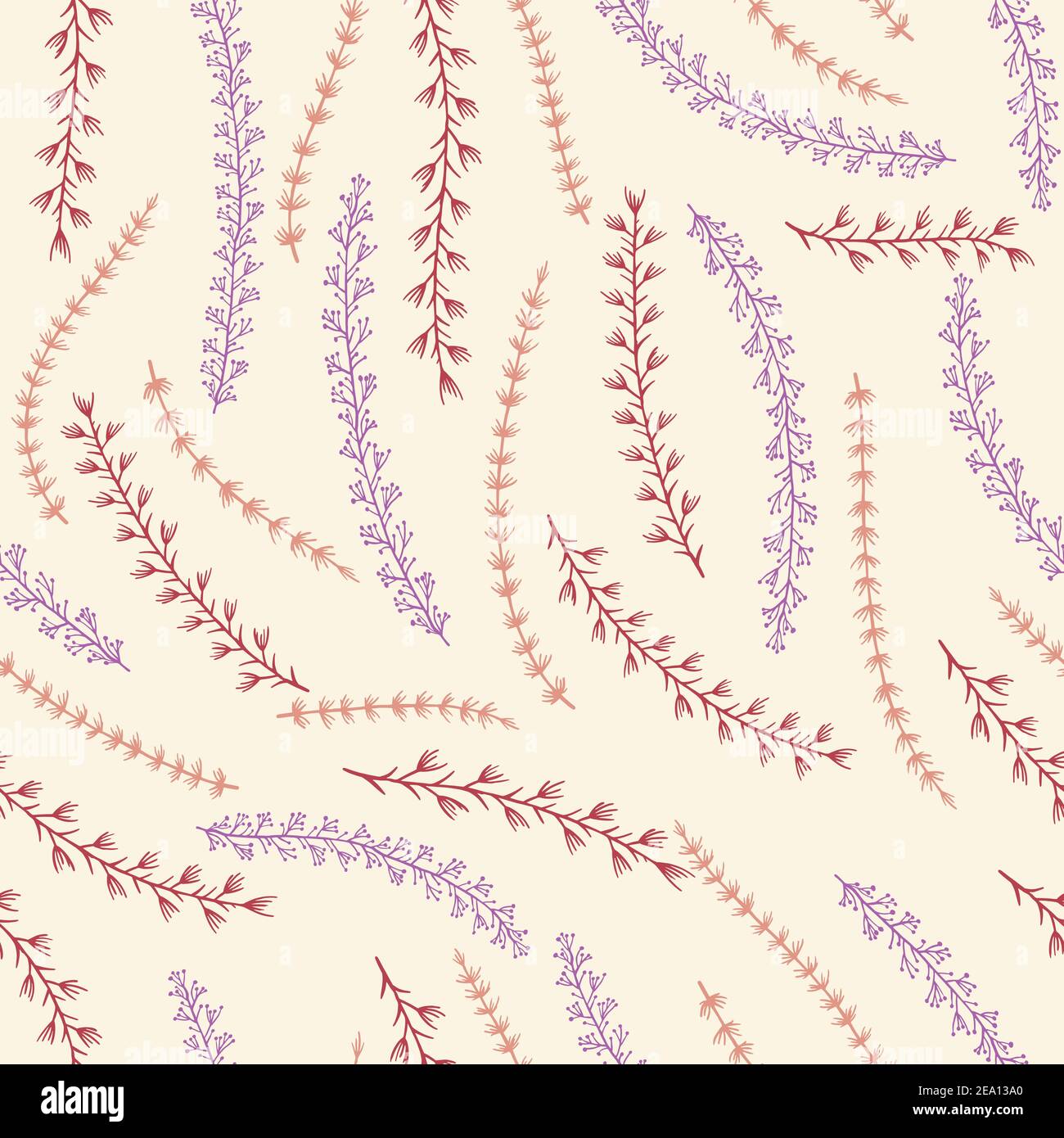 Motivo vettoriale senza cuciture con elementi floreali disegnati a mano. Nei colori rosso, lilla e rosa. Illustrazione Vettoriale