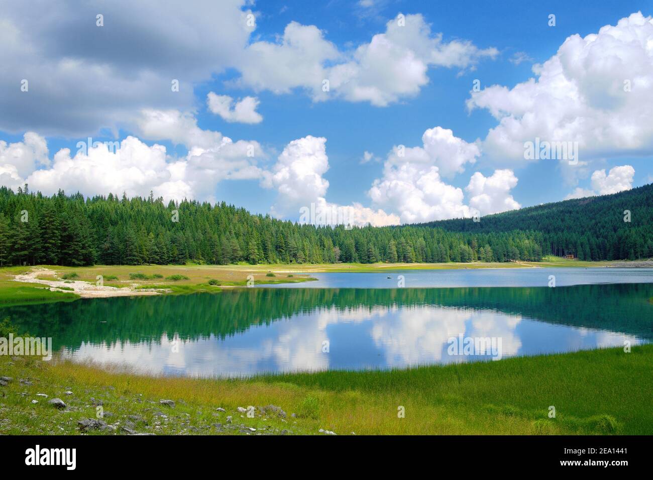 Paesaggio torbido sul Lago Nero nel Parco Nazionale di Durmentor, Montenegro Foto Stock
