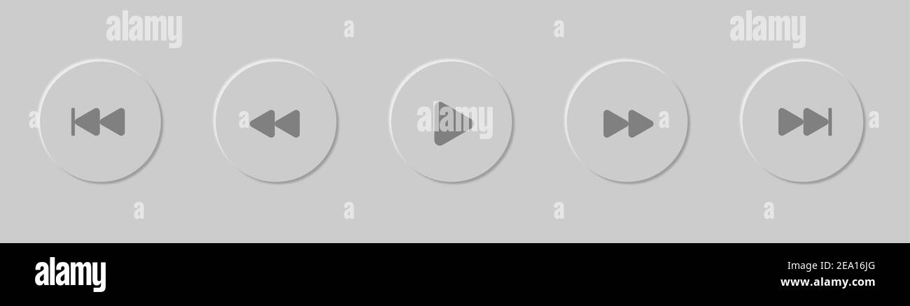 Pulsanti del lettore musicale online per applicazioni, siti Web e uso pubblico. Set di pulsanti isolati per interfaccia grafica neomorfismo. Segni di controllo della playlist. Illustrazione Vettoriale