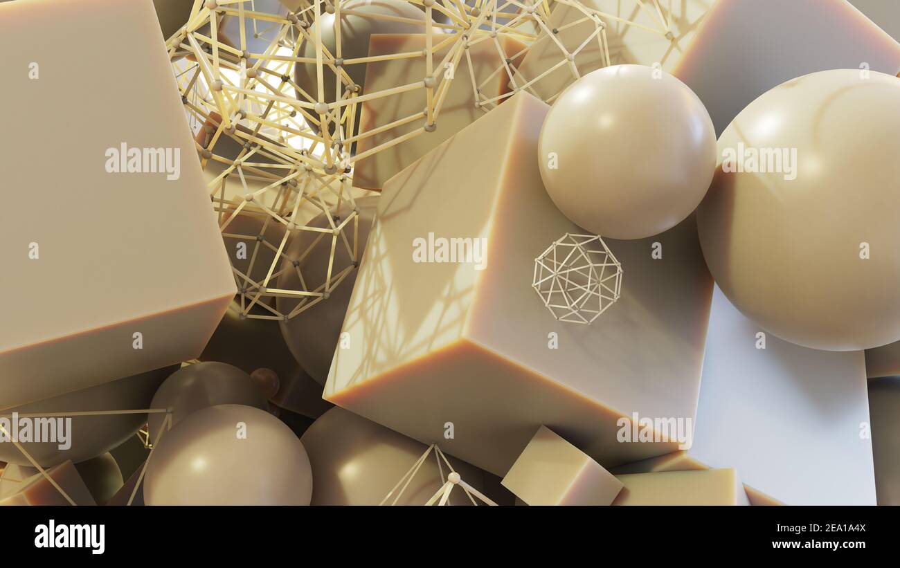 Arte astratta di cubi, sfere e oggetti a reticolo Foto Stock