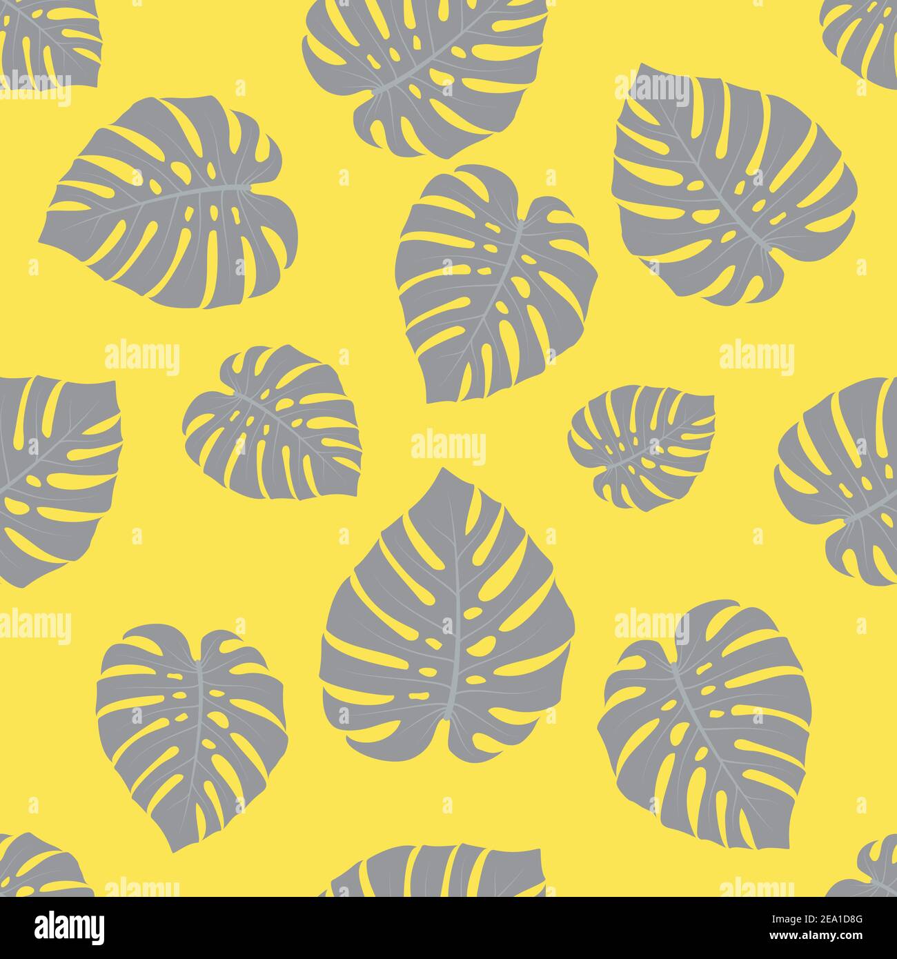 modello di foglie grigie di monstera su sfondo giallo Illustrazione Vettoriale