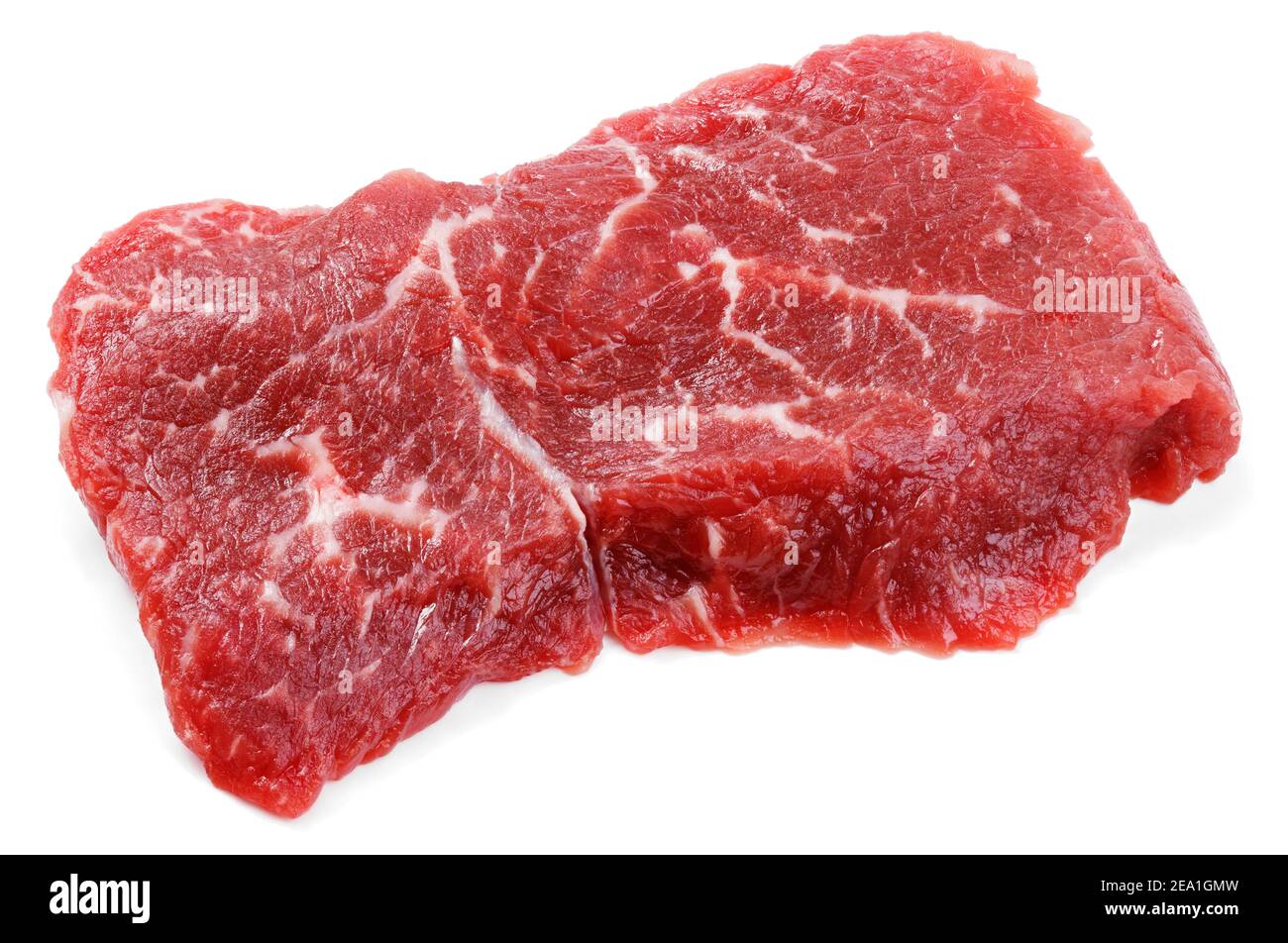Vista dall'alto della bistecca di manzo fresco crudo isolata su bianco sfondo Foto Stock