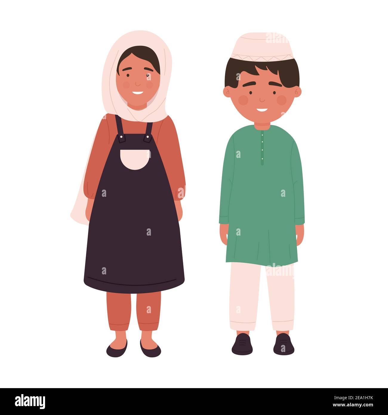 Illustrazione vettoriale dei bambini musulmani. Cartoon arab cute boy girl in hijab, abiti tradizionali in piedi insieme, felice islamico arabo bambini giovani sorridenti, cultura religione persone isolate su bianco Illustrazione Vettoriale