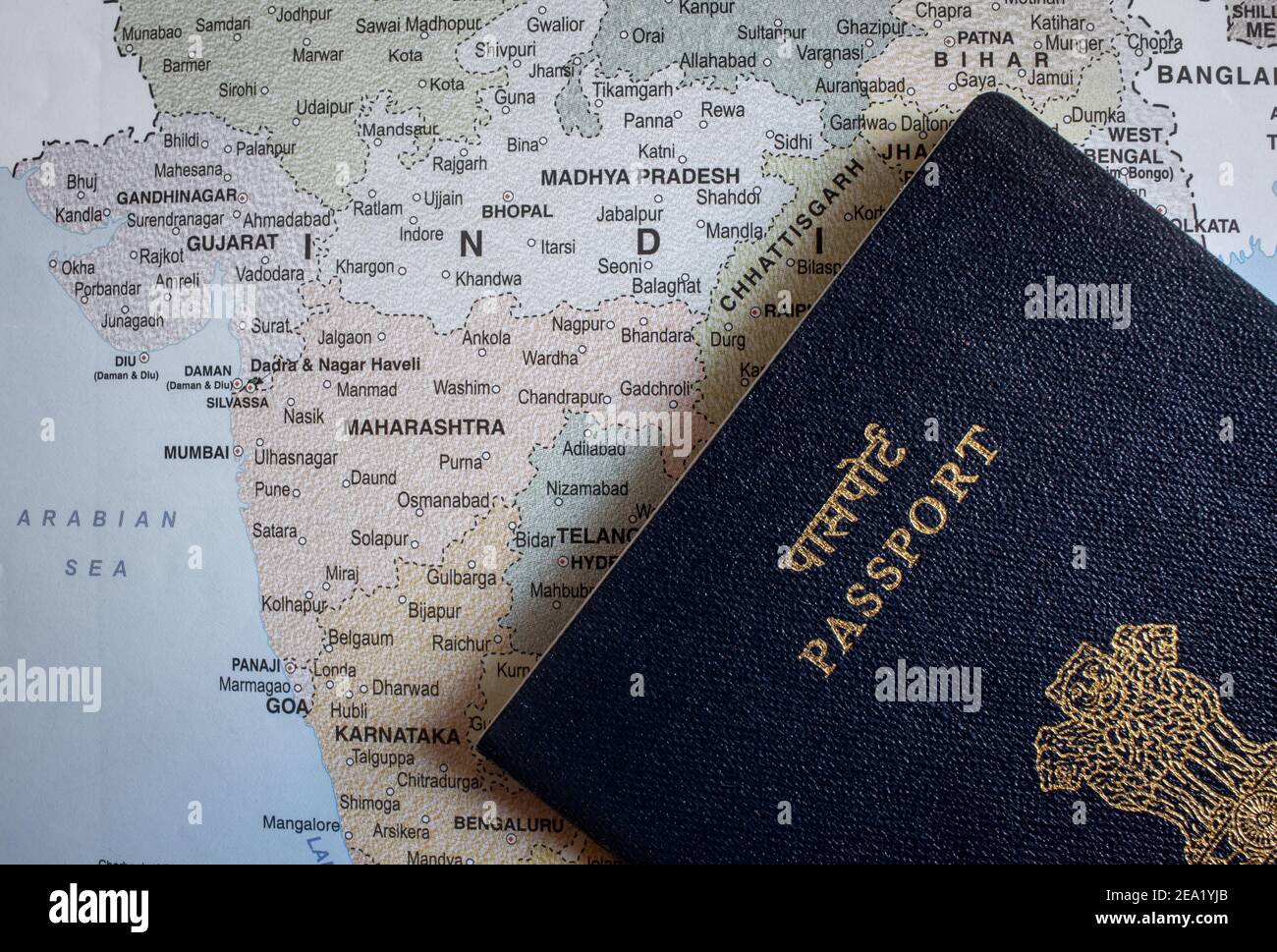 Passaporto per viaggi. Passaporto dei cittadini indiani. passaporto della repubblica dell'India. Foto Stock