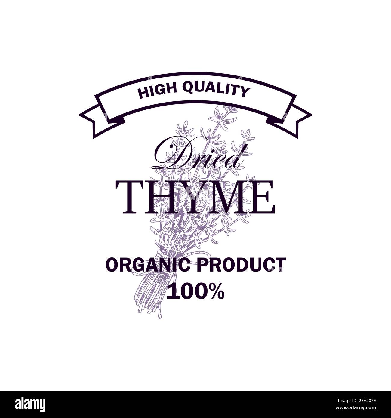 Logo di timo essiccato con elementi disegnati a mano. Illustrazione vettoriale nello stile di schizzo isolato su sfondo bianco Illustrazione Vettoriale