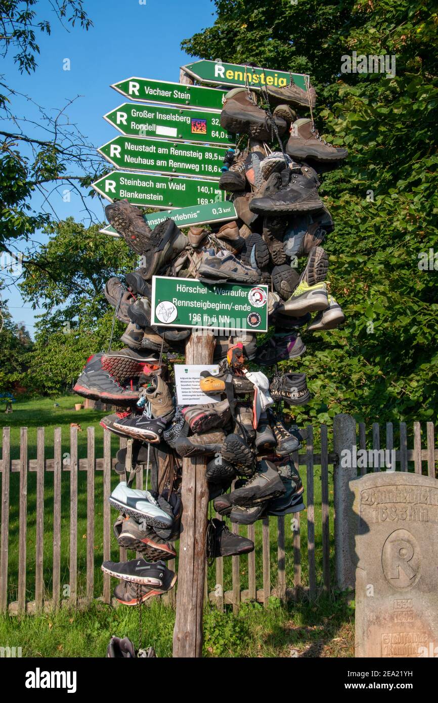 Punto di partenza del sentiero escursionistico Rennsteig a Hörschel, Eisenach. Foto Stock