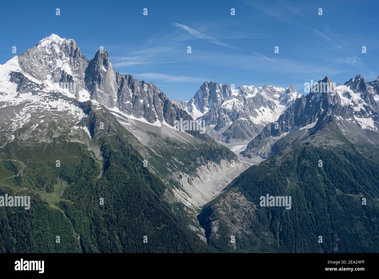 Valle glaciale Mer de Glace, Grand Balcon North, Aiguille Verte, Grandes Jorasses, massiccio del Monte Bianco, Chamonix-Mont-Blanc, alta Savoia, Francia Foto Stock