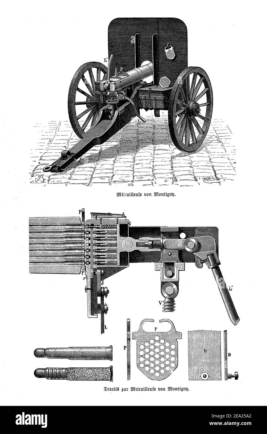 Montigny mitrailleuse, mitragliatrice belga a manovella su una carrozza d'artiglieria sviluppata da Joseph Montigny (1859-1870) con una pistola a volley multibarrello, con dettagli illustrati Foto Stock