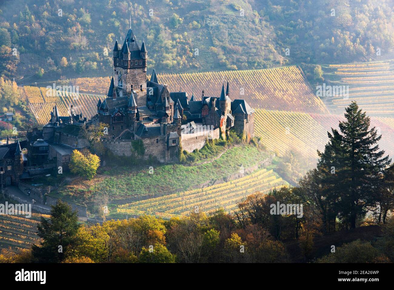Vista del Cochem Reichsburg nella valle della Mosella in autunno, Cochem, Renania-Palatinato, Germania Foto Stock