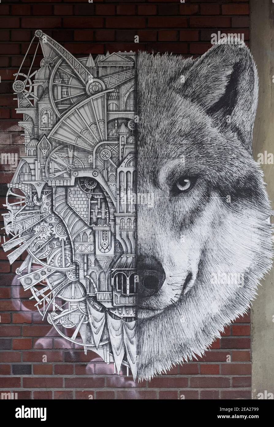 Incolla su, lupo, capo mezzo animale, mezzo macchina, simbolo per l'equilibrio di natura e tecnologia, meccanico da streetart artista Ardiff, Duesseldorf, Nord Foto Stock