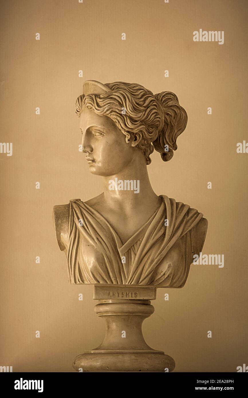 Riproduzione di un busto classico della dea Artemis, la dea greca della caccia, il deserto, animali selvatici, la Luna, e castità. Foto Stock