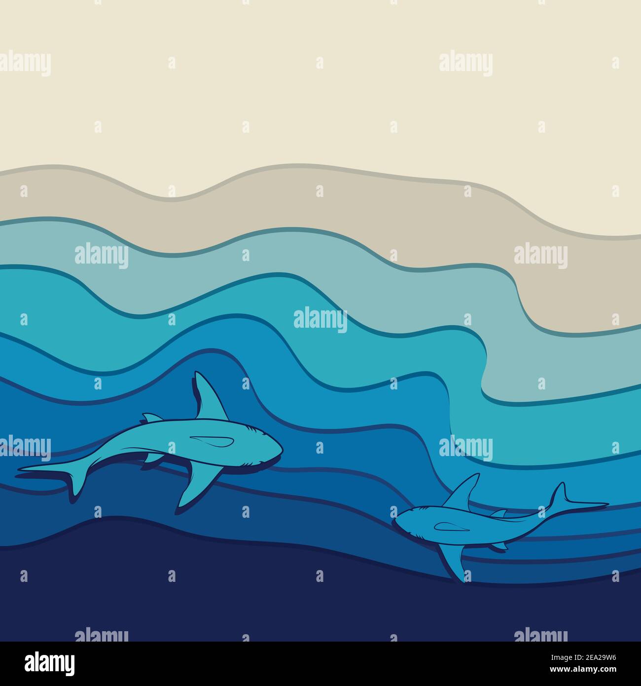 Illustrazione del fondale marino con squali che nuotano in acqua vicino alla riva. Illustrazione Vettoriale