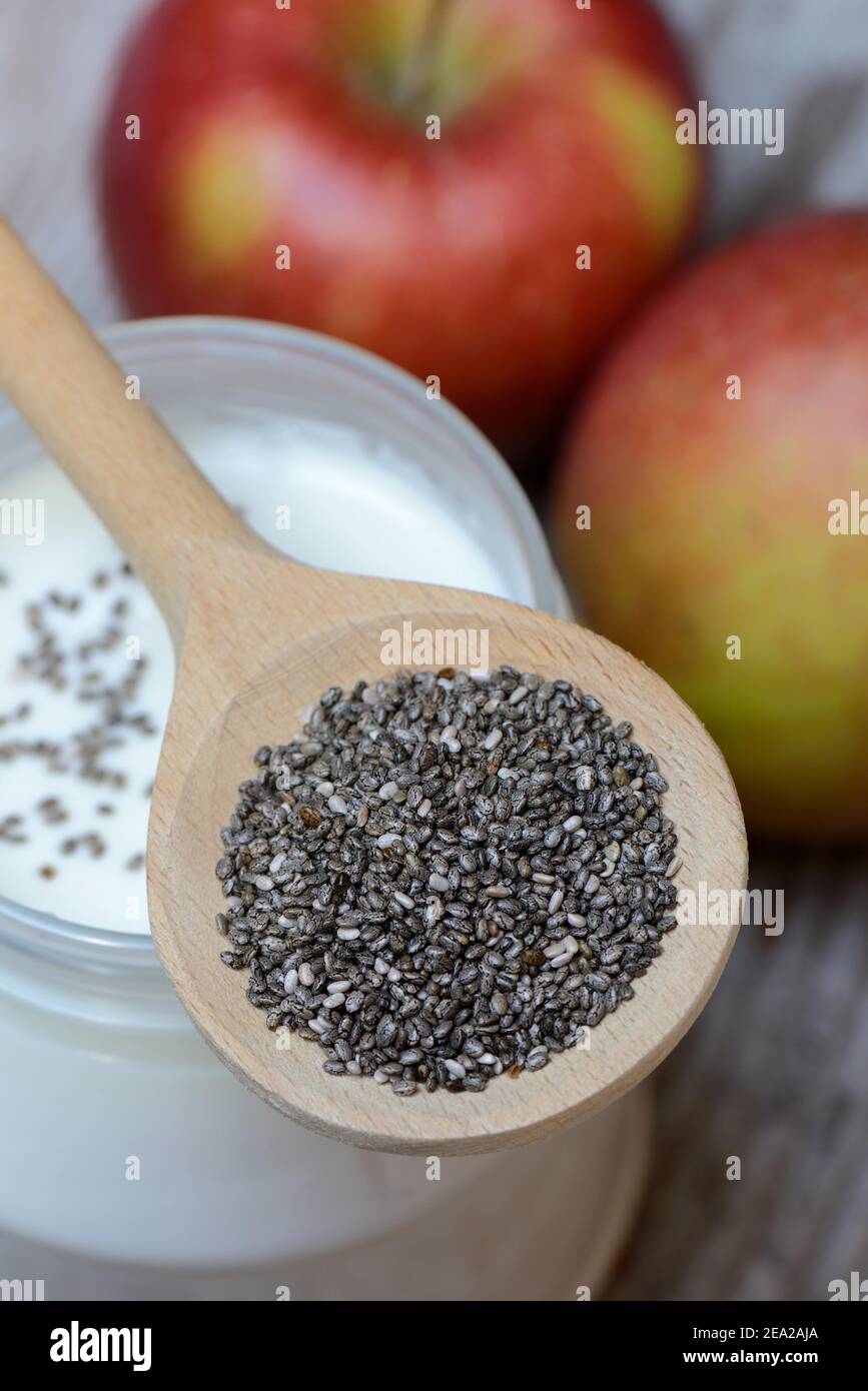 Semi di Chia (Salvia hispanica) in cottura cucchiaio su yogurt vetro e mele Foto Stock