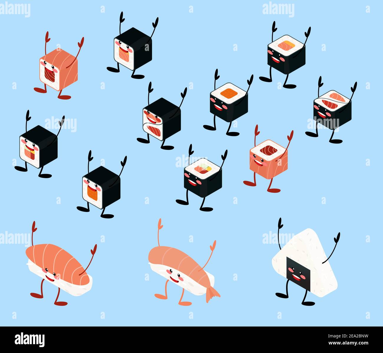 Cucina giapponese kawaii mascotte set isolato su sfondo blu. Icone del menu asiatico tradizionale illustrazione vettoriale. Sushi isometrico e zuppa asiatica Illustrazione Vettoriale