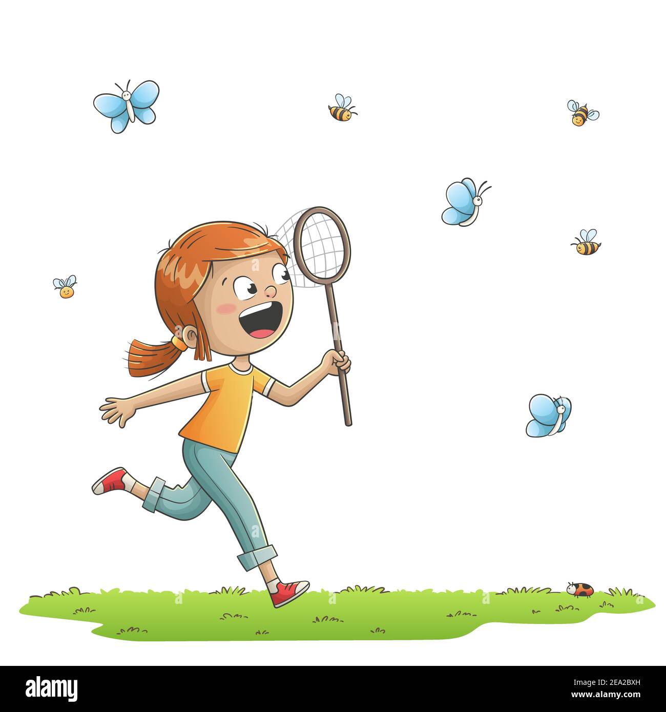 La ragazza vuole catturare le farfalle. Illustrazione vettoriale disegnata a mano con livelli separati. Illustrazione Vettoriale