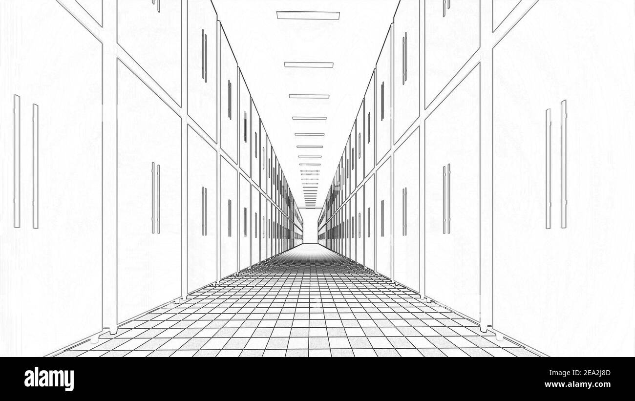 Disegno di data center concetto di tecnologia aziendale Design digitale informazioni futuristiche Rendering 3d della sala server Foto Stock