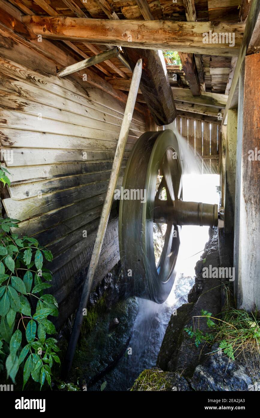 L'acqua guida una ruota d'acqua in legno di un mulino storico nella valle del mulino di Campill, Alto Adige, Italia Foto Stock