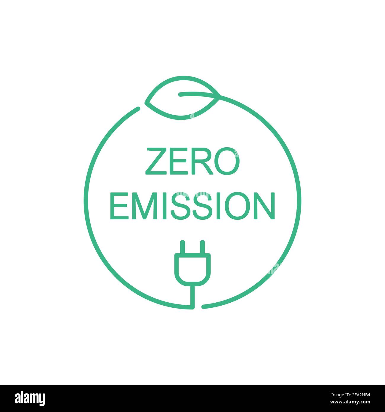 Simbolo, icona, simbolo o logo di emissione zero. Foglia verde e spina elettrica in cerchio. Concetto di energia pulita. Potenza neutra CO2. Energia ecologica rinnovabile Illustrazione Vettoriale