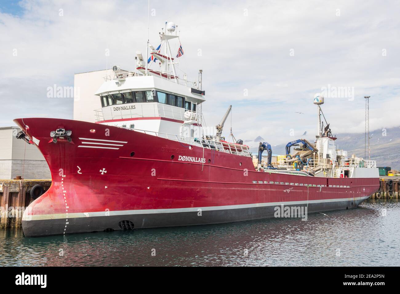 Djupivogur Islanda - Luglio 11. 2020: Nave per il trasporto del salmone nel porto di Djupivogur Foto Stock