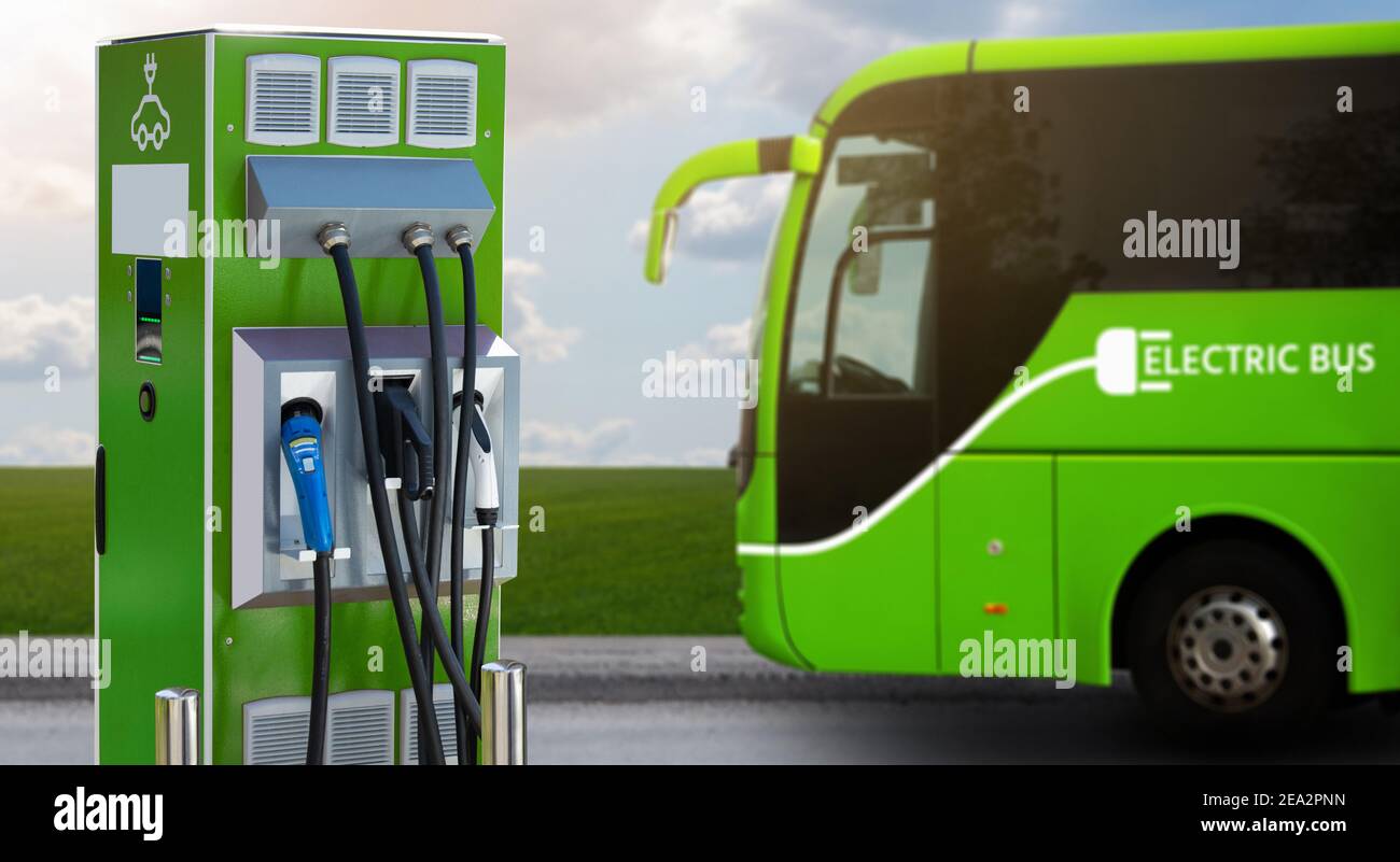 Bus elettrico con stazione di ricarica. Concetto Foto Stock
