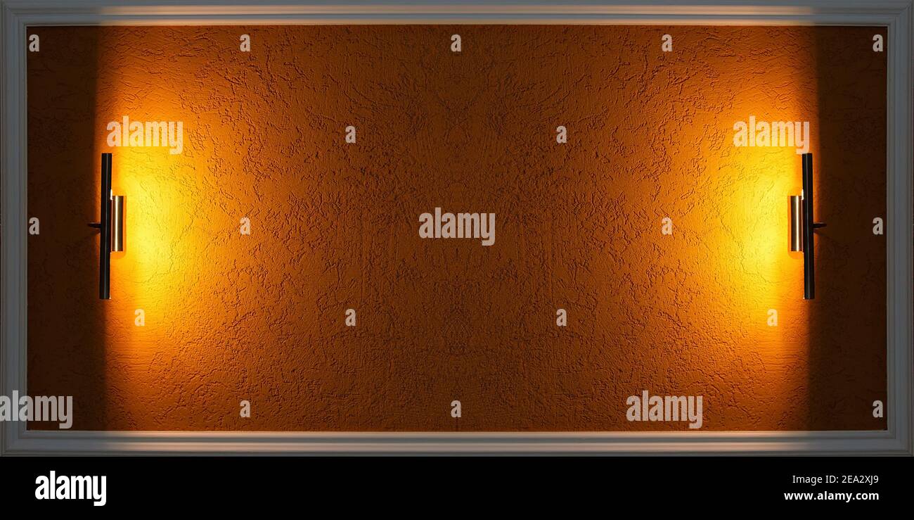 Un vuoto per l'inserimento di informazioni. Sfondo di tessitura giallo in una cornice orizzontale con dispositivi di illuminazione sui lati. Foto Stock