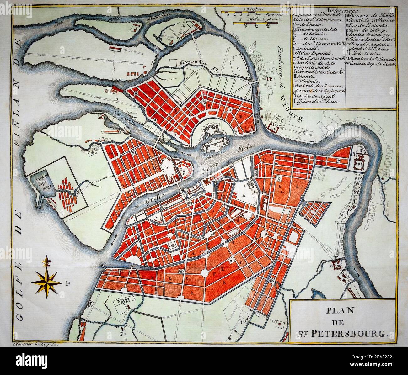 Plan de St. Petersbourg di Jakob Joseph Clausner, un'incisione originale su piastra di rame dell'anno circa 1786. San Pietroburgo Russia. Un raro 18 ° secolo Foto Stock