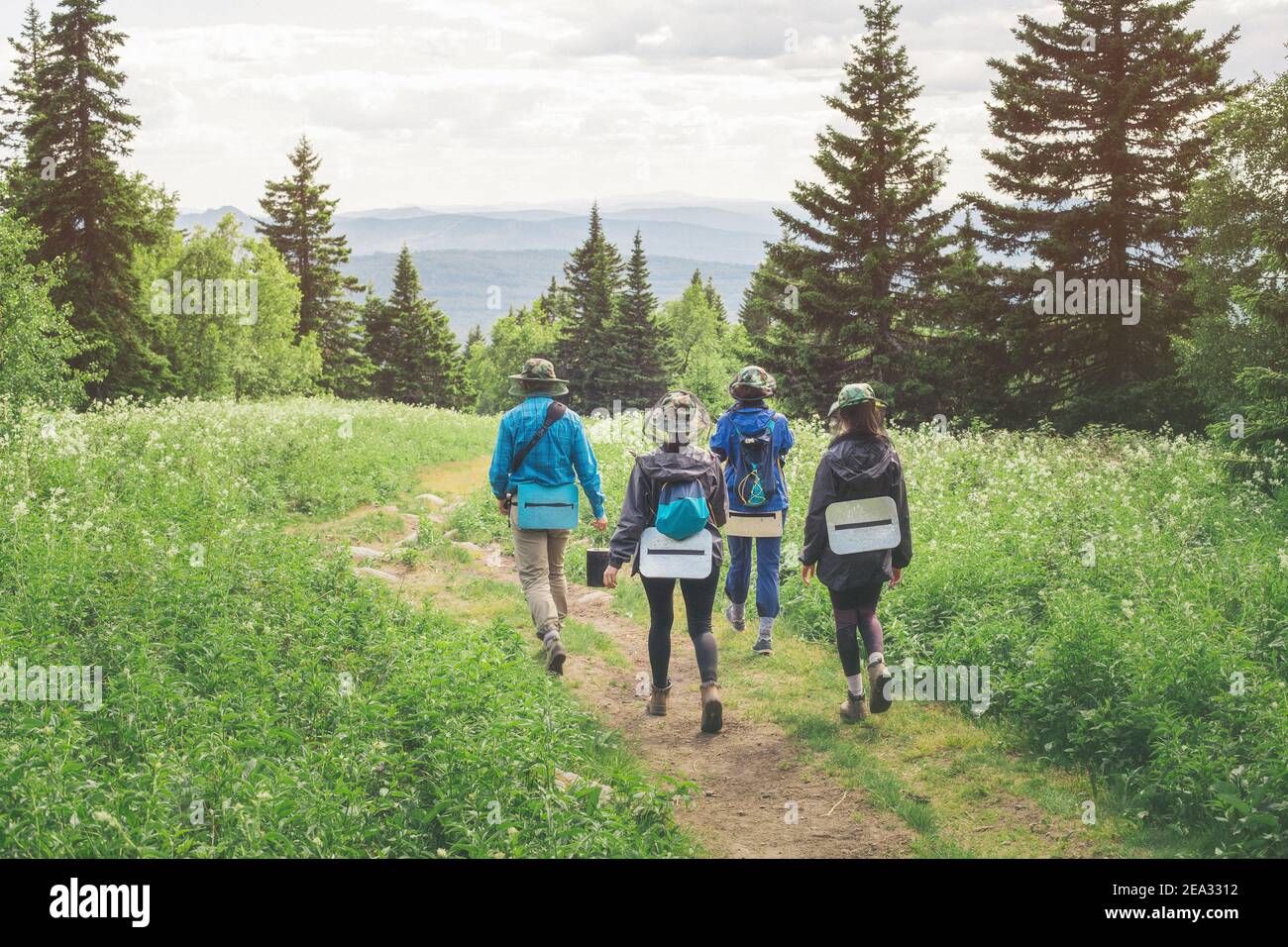 Tre amici allegri stanno viaggiando su un percorso escursionistico in un parco naturale nella foresta selvaggia. Concetto di team building e attività ricreative di gruppo Foto Stock