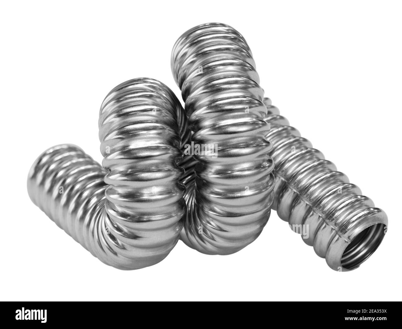 Tubi flessibili in acciaio inox e tubi flessibili, raccordi e giunti a pressione mackro. Concetto di metallo industriale Foto Stock