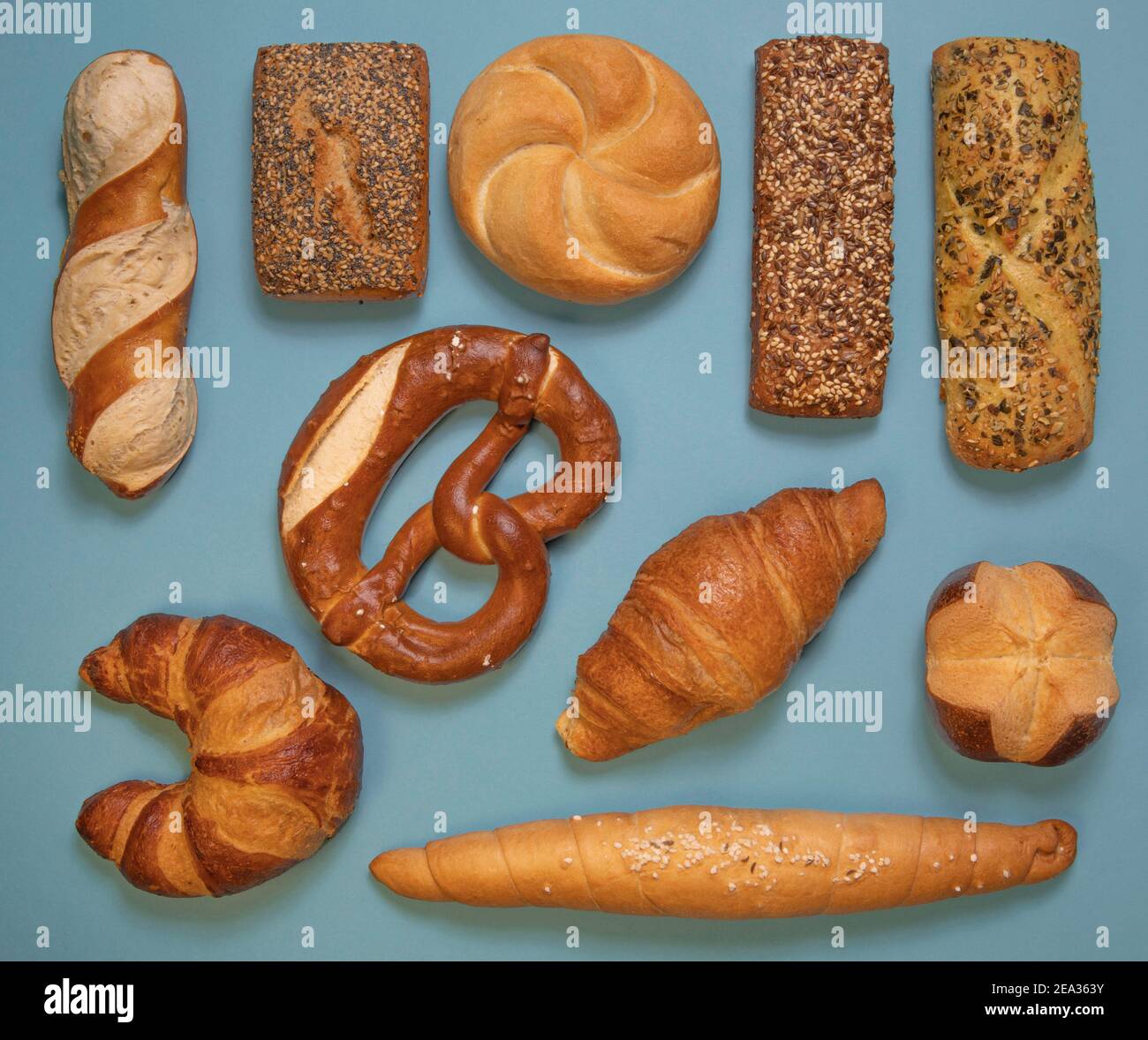 Dolci appena sfornati. Danese, croissant, semi, pretzel, pascoli di zucca Foto Stock