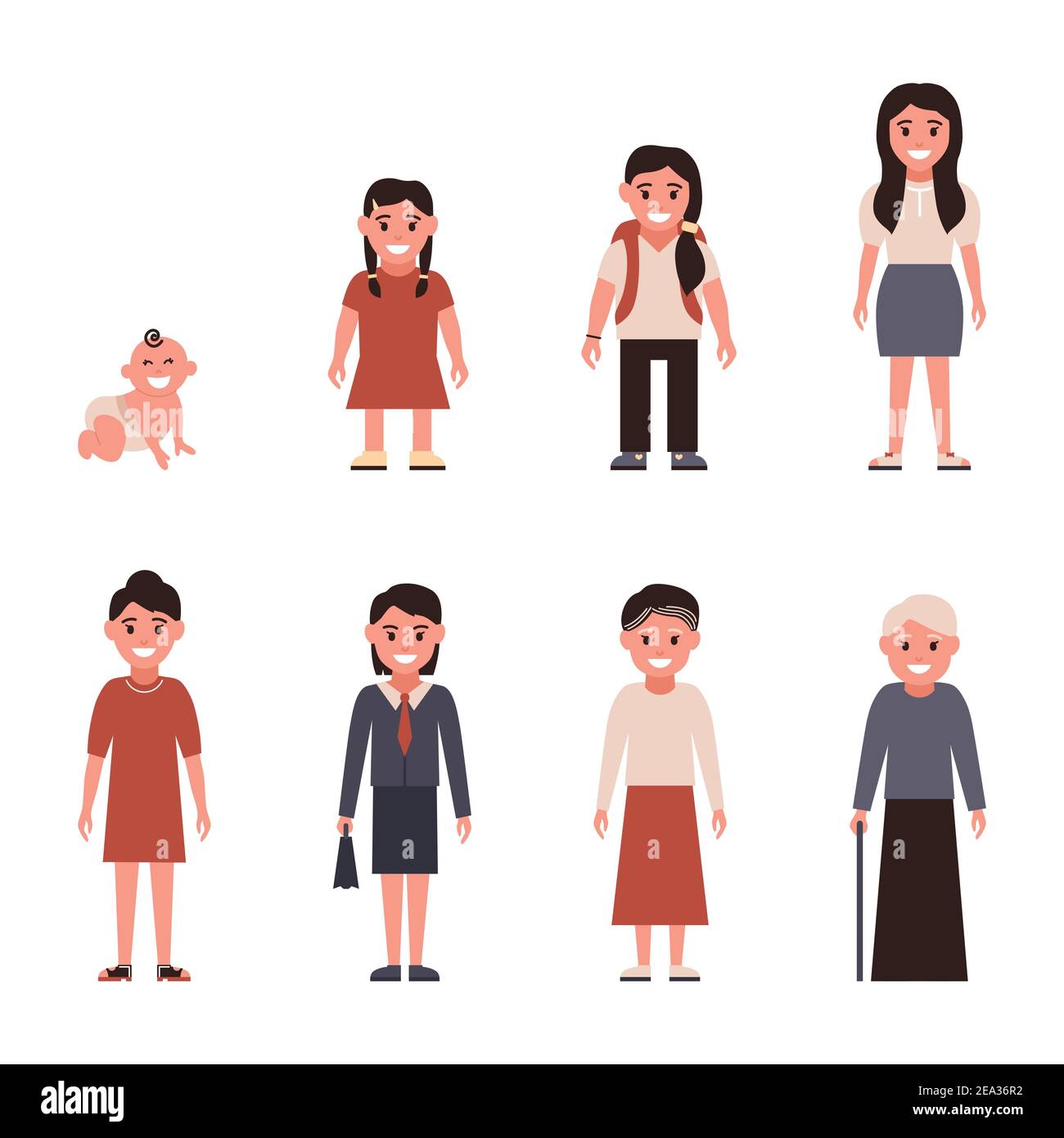 Invecchiamento di personaggi femminili, ciclo di vita dall'infanzia alla vecchiaia.Vector, illustrazioni. Illustrazione Vettoriale