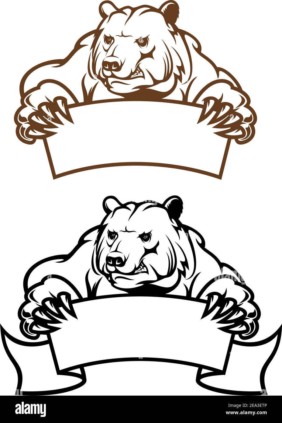 Wild Kodiak Bear con banner come mascotte isolato su bianco Illustrazione Vettoriale