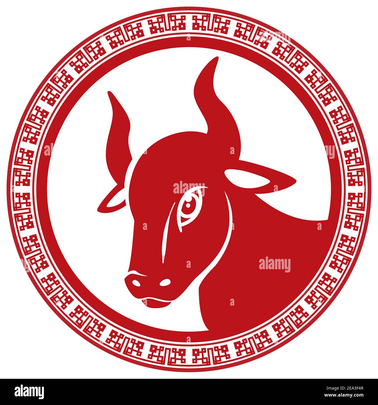 Silhouette rossa di bue zodiaco cinese, all'interno di un bottone rotondo con tradizionale motivo cinese. Illustrazione Vettoriale