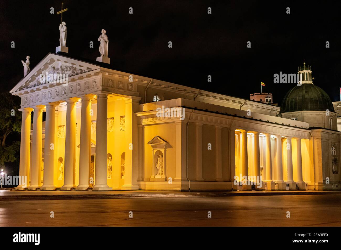 Cattedrale di San Stanislao nel centro di Vilnius di notte Foto Stock