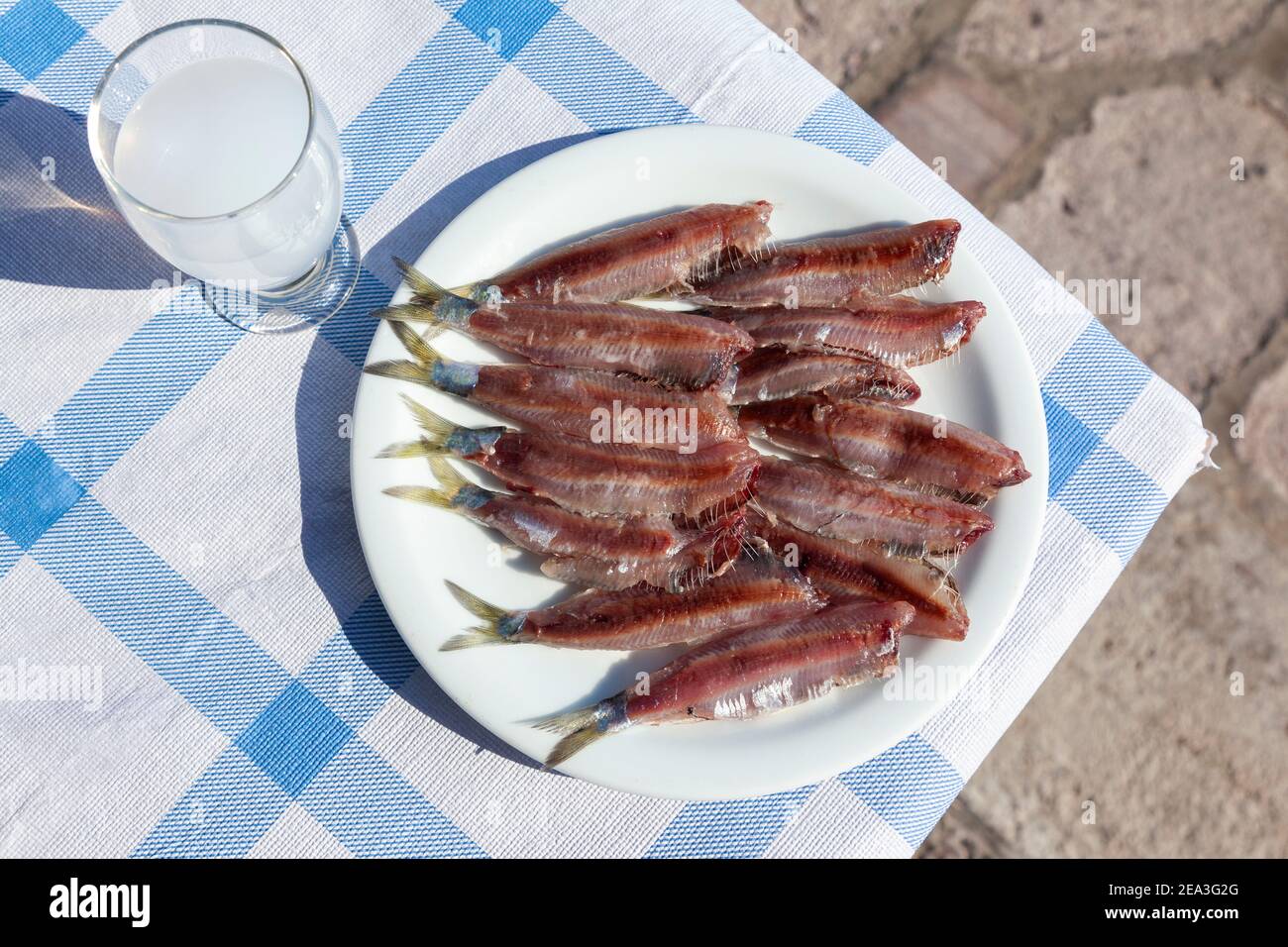 Sardine salate, una specialità di pesca popolare di Kalloni, isola di Lesvos, Grecia, che è ora riconosciuto come prodotto di Denominazione di origine protetta Foto Stock