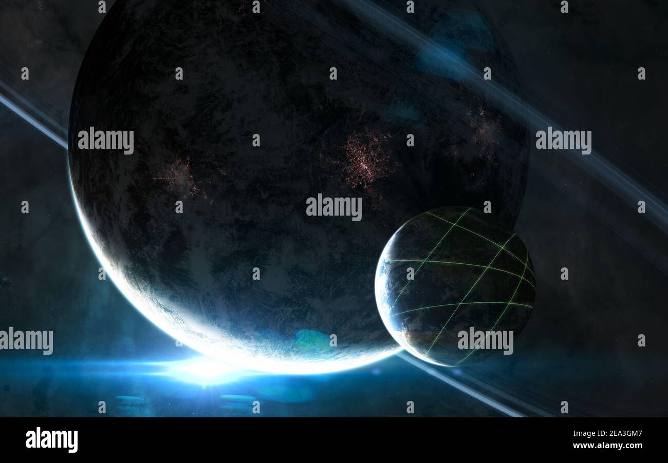 Pianeti alla luce della stella blu. Splendido spazio profondo Foto Stock