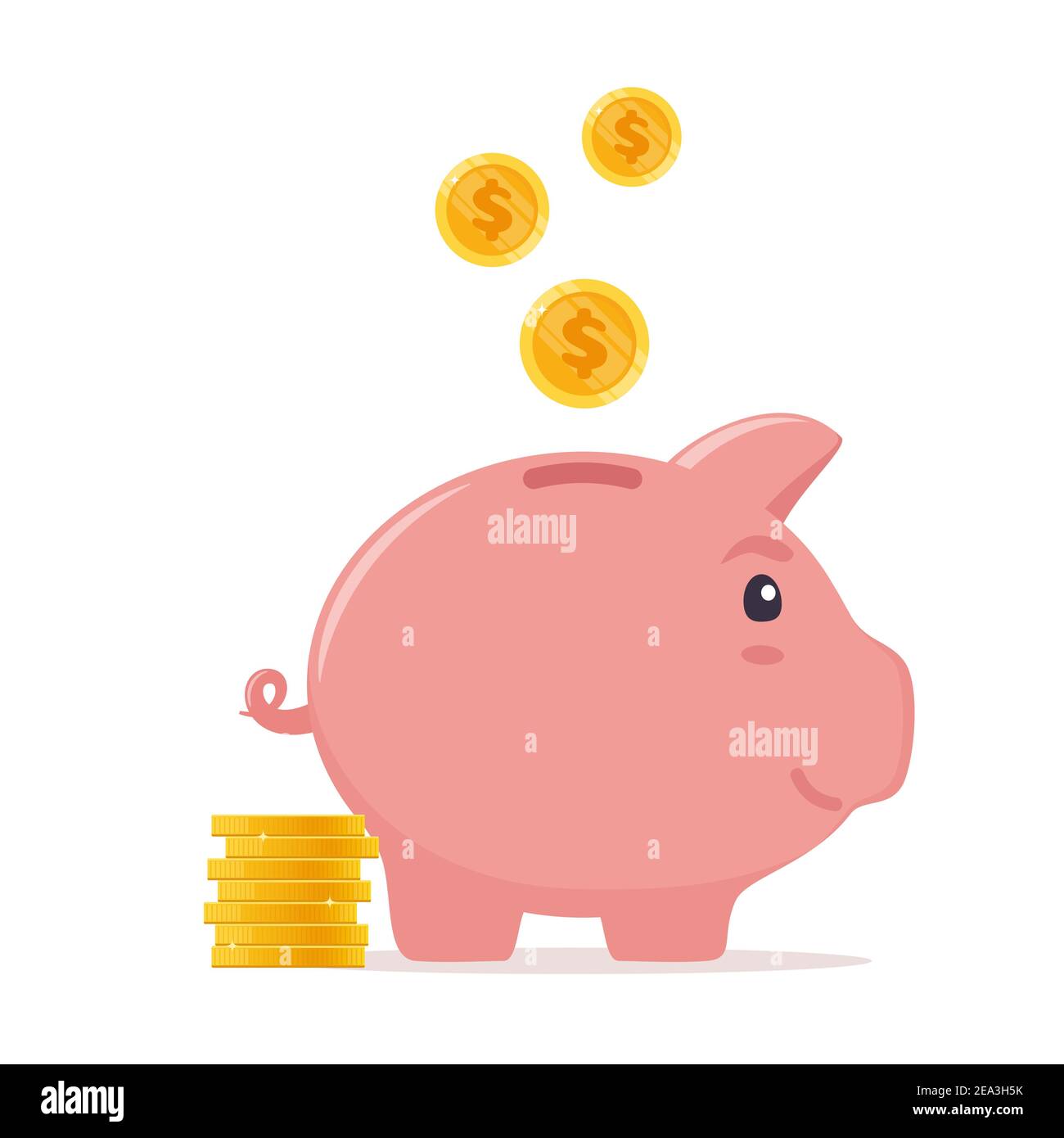 Banca piggy con monete. Risparmio di denaro, economia, investimenti, servizi bancari o aziendali. Profitto, reddito, utile, fondo di bilancio Vector Illustrat Illustrazione Vettoriale