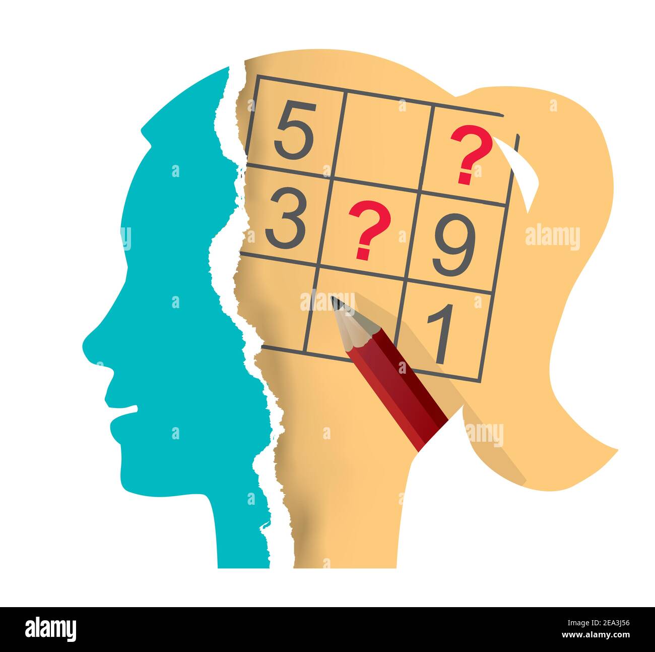 Testa donna con sudoku e matita. Illustrazione della silhouette della testa femminile in carta strappata stilizzata con sudoku e matita rossa. Vettore disponibile. Illustrazione Vettoriale