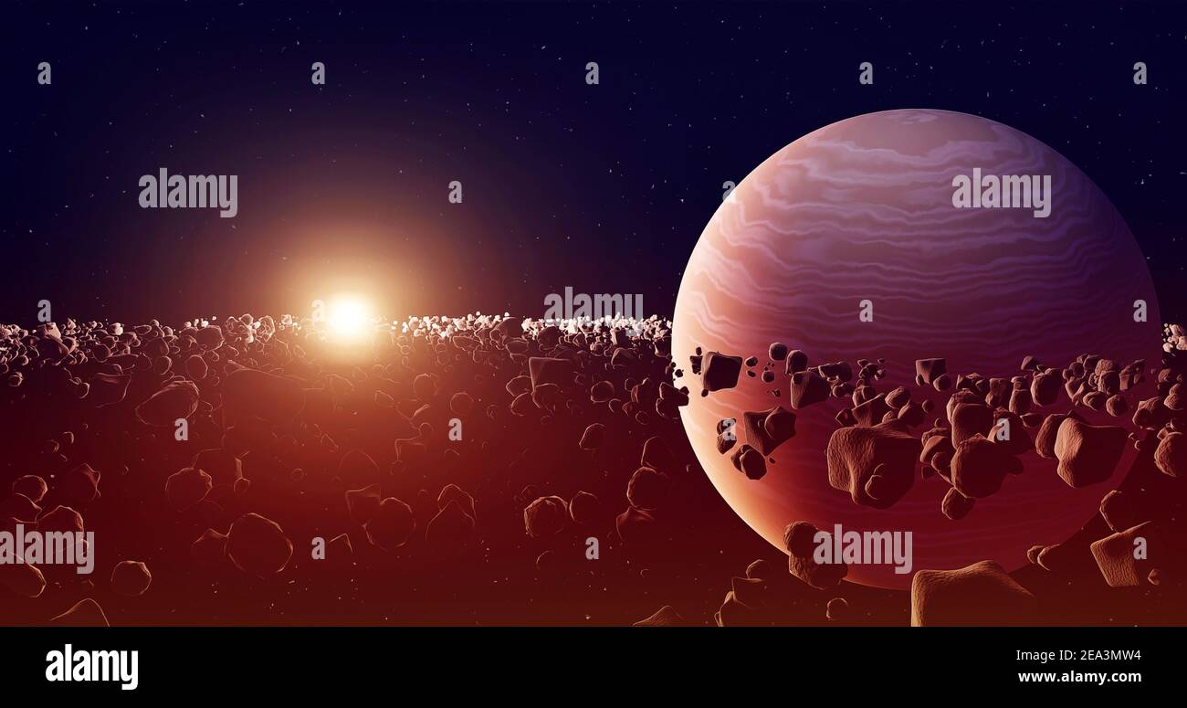 Pianeta Saturno o Giove primo piano, con anelli e sole, illustrazione 3d Foto Stock