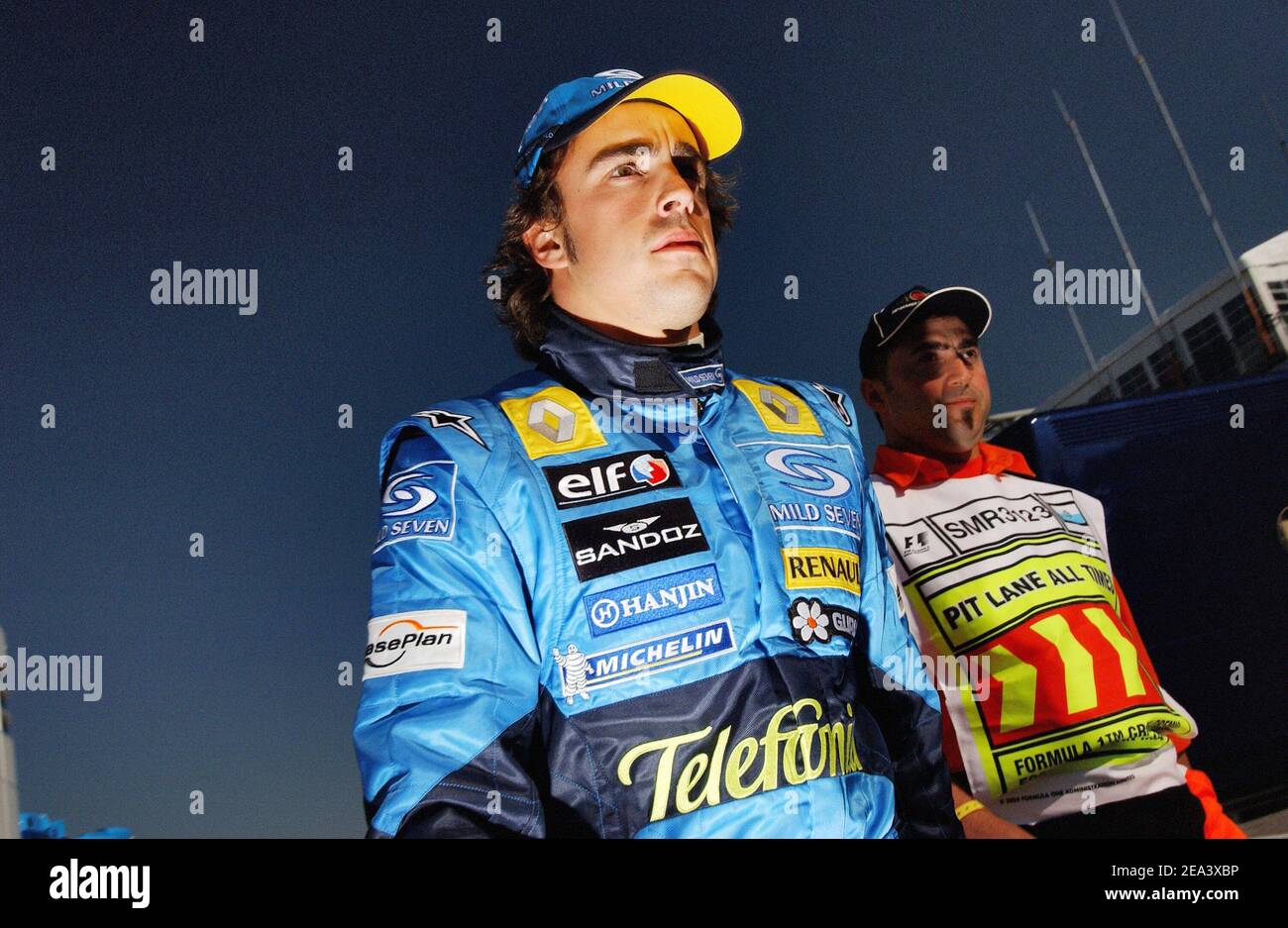 Pilota spagnolo di Formula uno Fernando Alonso (Renault) durante la Formula uno di Imola, Italia, il 22 aprile 2005. Foto di Thierry Gromik/CAMELEON/ABACA. Foto Stock