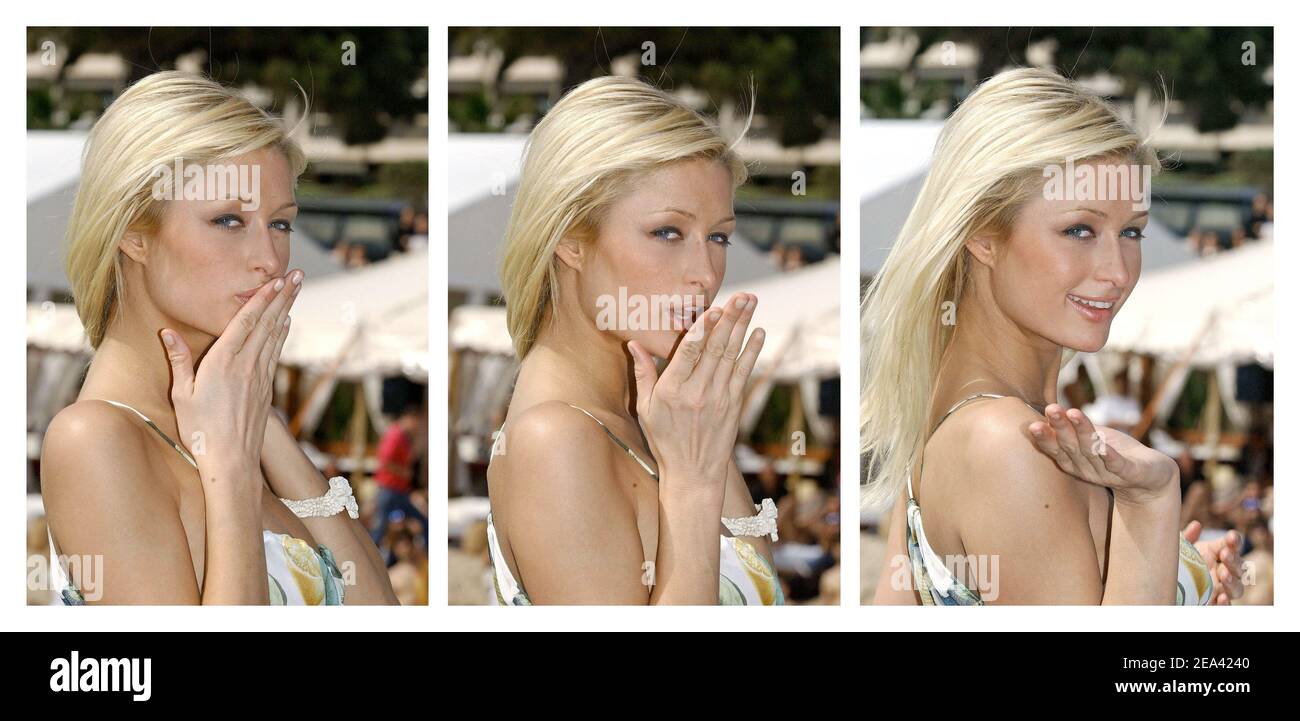 L'Hotel Heiress Paris Hilton arriva in barca al molo Carlton durante il 58° festival internazionale del cinema di Cannes, nella Francia meridionale, venerdì 13 maggio 2005. Foto di Hahn-Klein-Nebinger/ABACA Foto Stock