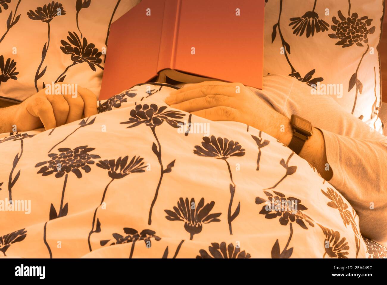 fuoco selettivo con un uomo rilassato con un libro sopra il suo volto sdraiato sul letto a casa stanco e. addormentato Foto Stock