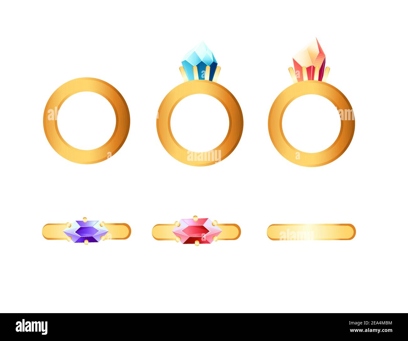 Set di anelli d'oro con gemme di lusso e senza anello in diversi punti di vista, illustrazione vettoriale su sfondo bianco Illustrazione Vettoriale