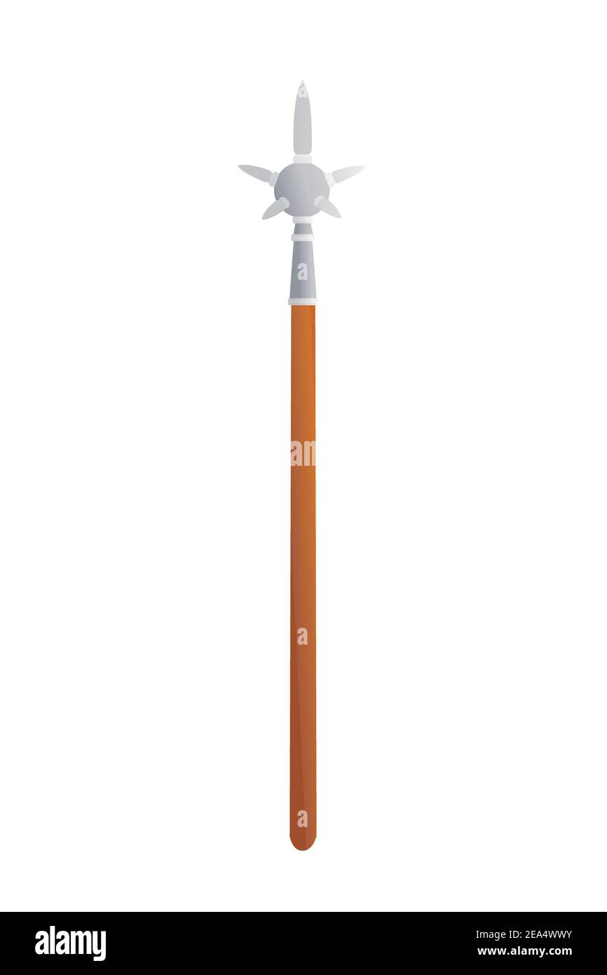 Arma medievale mace a due mani con manico in legno e ferro con punte immagine vettoriale della testa su sfondo bianco Illustrazione Vettoriale