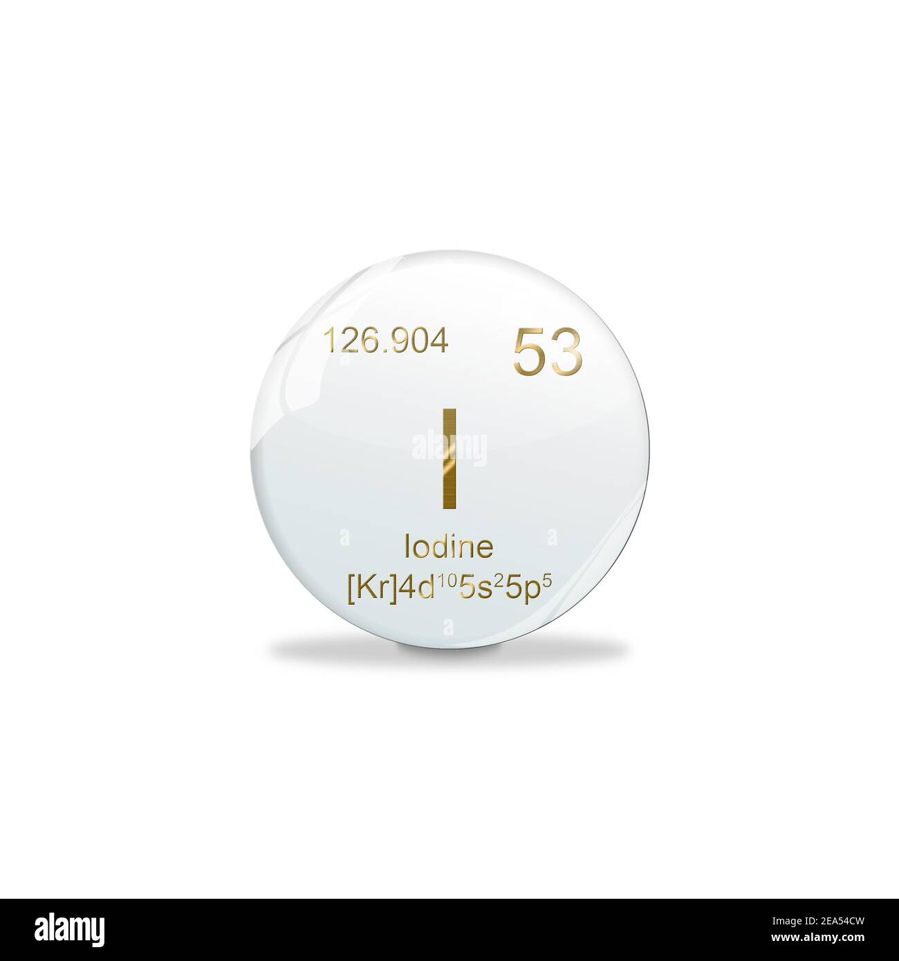 3D-Illustrazione, simbolo di iodio - I. elemento del tavolo periodico su pallina bianca con segni dorati. Sfondo bianco Foto Stock