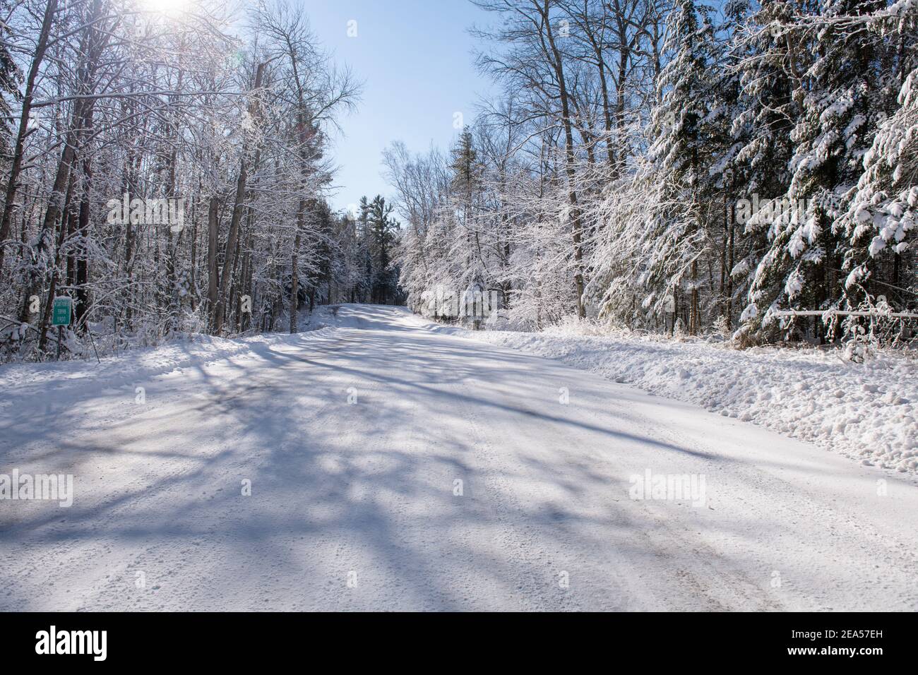 Una strada coperta di neve dopo che un aratro di neve ha attraversato e gli alberi che sono neve coperta. Foto Stock