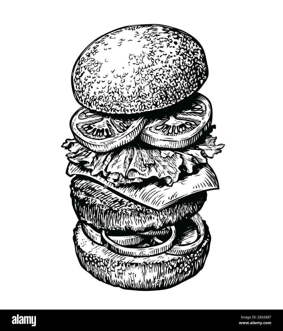 Burger, ingredienti sandwich sketch. Illustrazione del vettore alimentare disegnato a mano Illustrazione Vettoriale