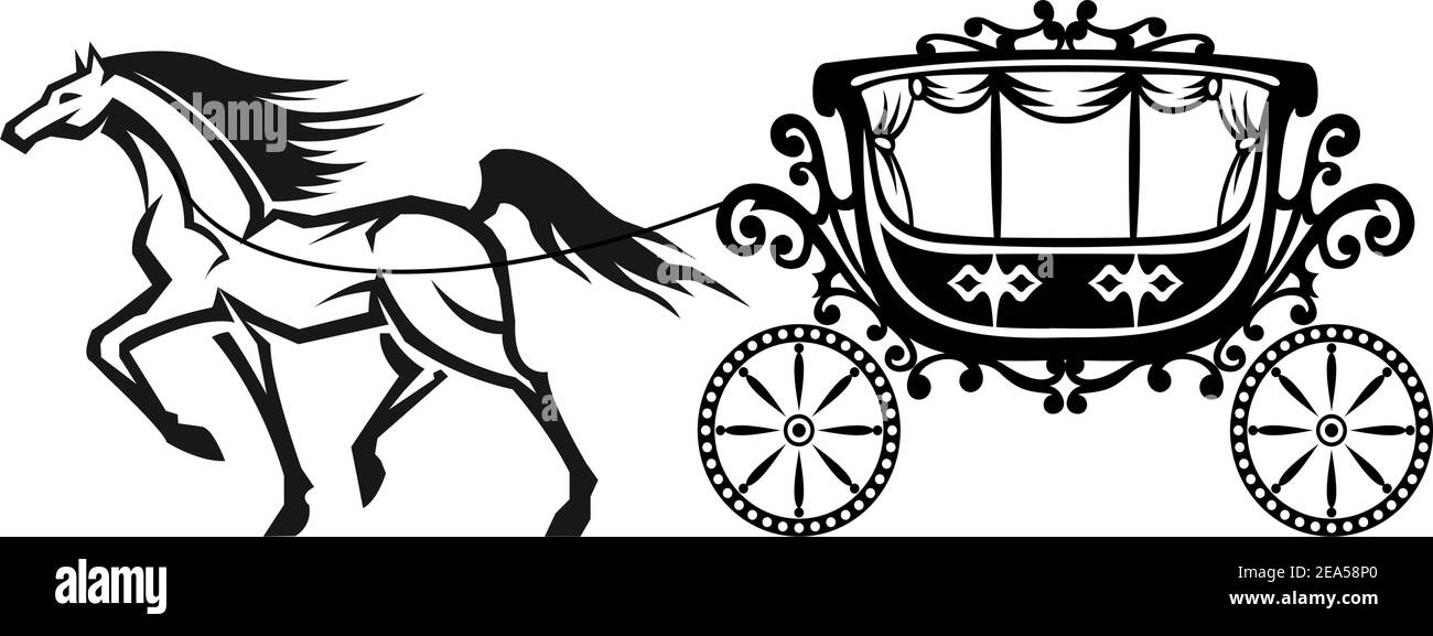 Cavallo con carrozza d'epoca per il design retrò Illustrazione Vettoriale