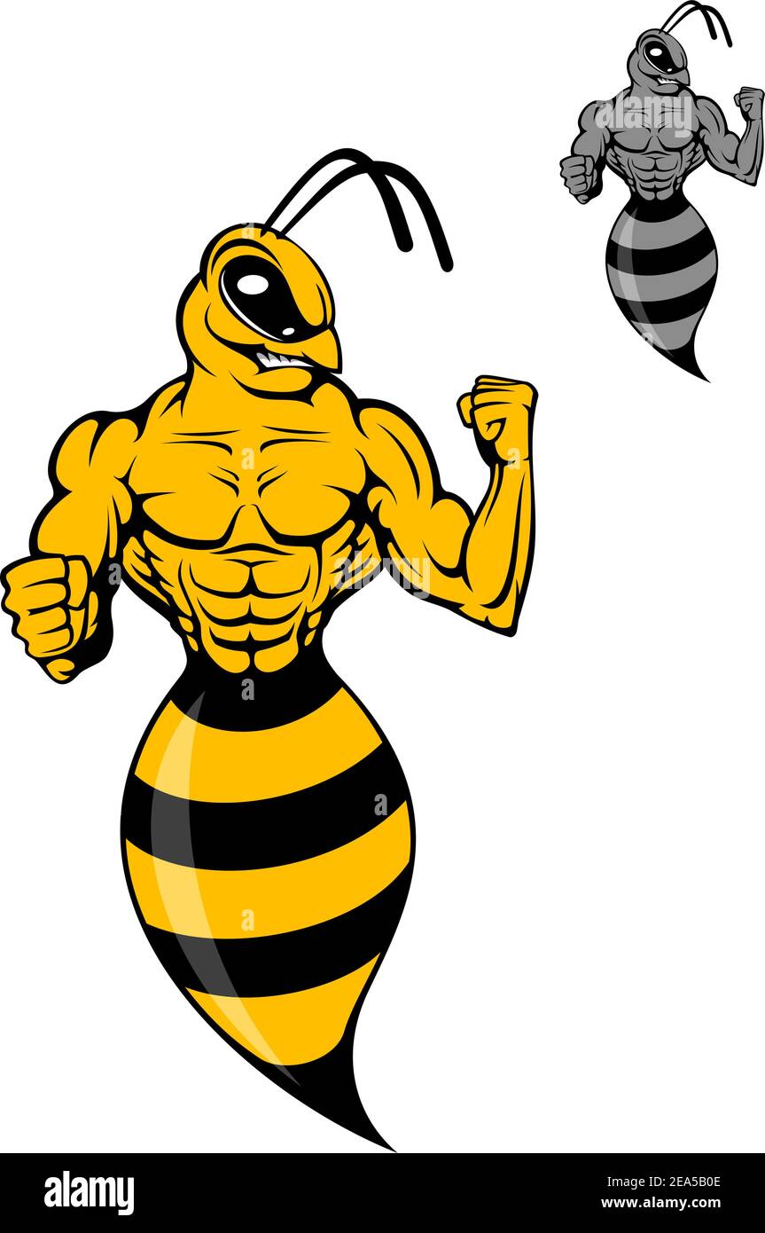 Potente waspa o cornetto giallo in stile cartoon per mascotte Illustrazione Vettoriale